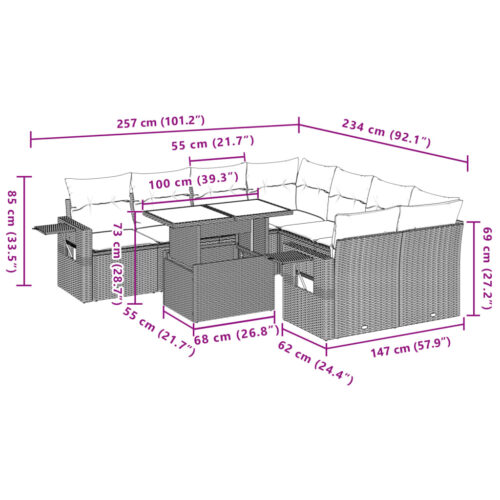 9-Piece Garden Sofa Set with Cushions Beige Poly Rattan Wicker Outdoor Patio Furniture - Image 11