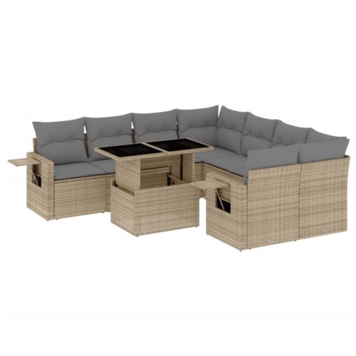 9-Piece Garden Sofa Set with Cushions Beige Poly Rattan Wicker Outdoor Patio Furniture - Image 13