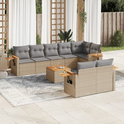 9-Piece Garden Sofa Set with Cushions Beige Poly Rattan Wicker Outdoor Patio Furniture - Image 2