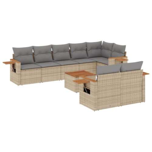 9-Piece Garden Sofa Set with Cushions Beige Poly Rattan Wicker Outdoor Patio Furniture - Image 5