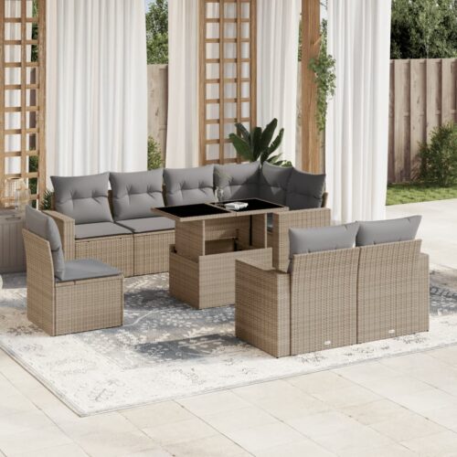 9-Piece Garden Sofa Set with Cushions Beige Poly Rattan Wicker Outdoor Patio Furniture - Image 2