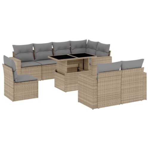 9-Piece Garden Sofa Set with Cushions Beige Poly Rattan Wicker Outdoor Patio Furniture - Image 13