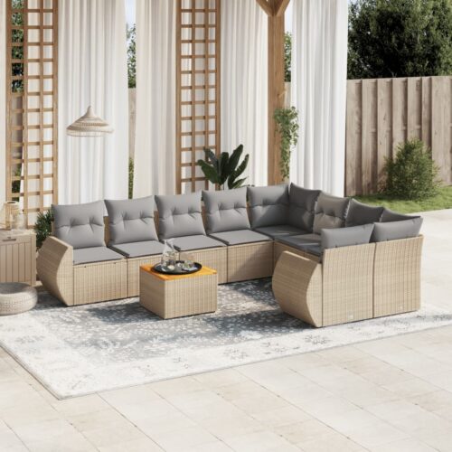 9-Piece Garden Sofa Set with Cushions Beige Poly Rattan Wicker Outdoor Patio Furniture - Image 2