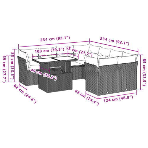 9-Piece Garden Sofa Set with Cushions Beige Poly Rattan Wicker Outdoor Patio Furniture - Image 9