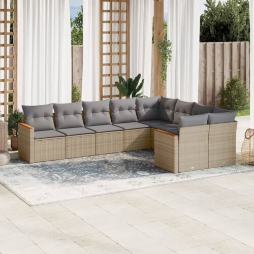 9-Piece Garden Sofa Set with Cushions Beige Poly Rattan Wicker Outdoor Patio Furniture - Image 2