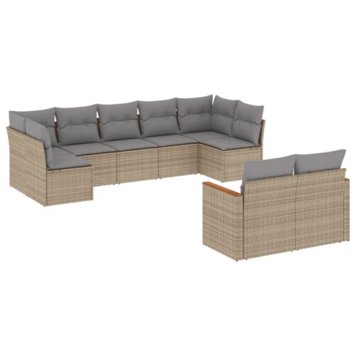 9-Piece Garden Sofa Set with Cushions Beige Poly Rattan Wicker Outdoor Patio Furniture