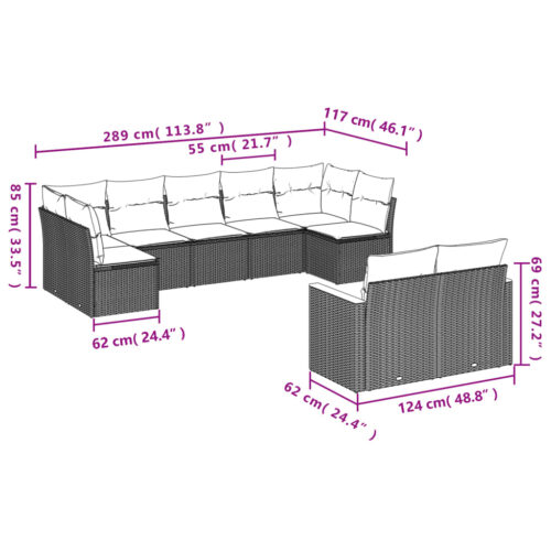 9-Piece Garden Sofa Set with Cushions Beige Poly Rattan Wicker Outdoor Patio Furniture - Image 3