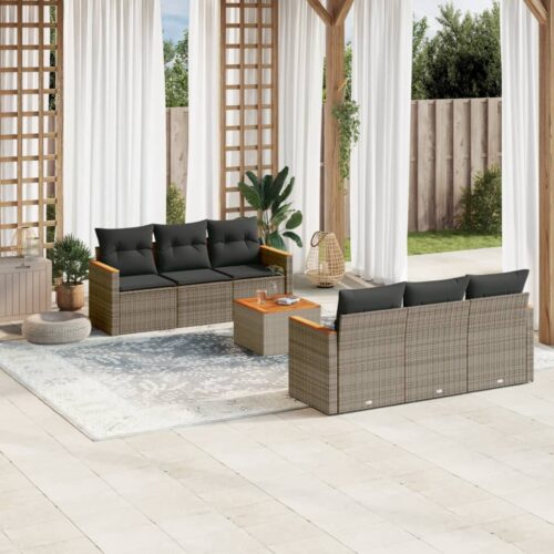 7-Piece Garden Sofa Set with Cushions Grey Poly Rattan Wicker Outdoor Patio Furniture - Image 2