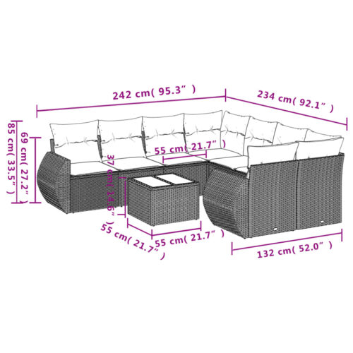 9-Piece Garden Sofa Set with Cushions Beige Poly Rattan Wicker Outdoor Patio Furniture - Image 3