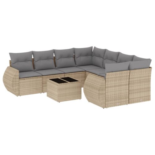 9-Piece Garden Sofa Set with Cushions Beige Poly Rattan Wicker Outdoor Patio Furniture - Image 5
