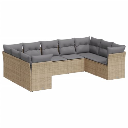 9-Piece Garden Sofa Set with Cushions Beige Poly Rattan Wicker Outdoor Patio Furniture
