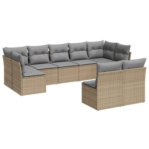 9-Piece Garden Sofa Set with Cushions Beige Poly Rattan Wicker Outdoor Patio Furniture