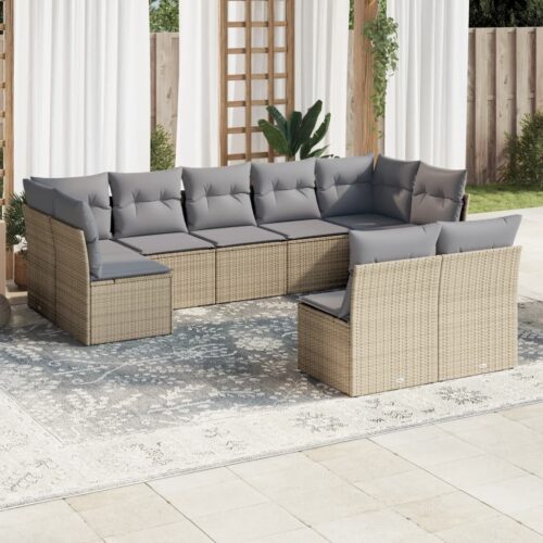 9-Piece Garden Sofa Set with Cushions Beige Poly Rattan Wicker Outdoor Patio Furniture - Image 2