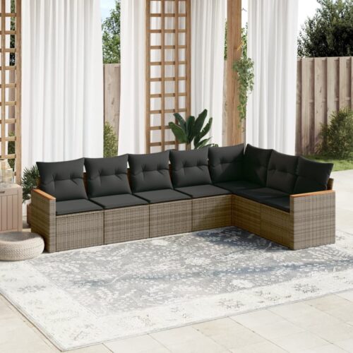 7-Piece Garden Sofa Set with Cushions Grey Poly Rattan Wicker Outdoor Patio Furniture - Image 2