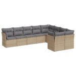 9-Piece Garden Sofa Set with Cushions Beige Poly Rattan Wicker Outdoor Patio Furniture