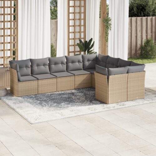 9-Piece Garden Sofa Set with Cushions Beige Poly Rattan Wicker Outdoor Patio Furniture - Image 2