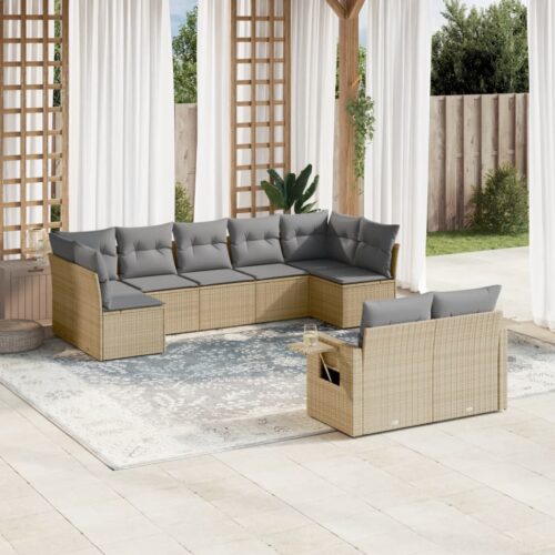 9-Piece Garden Sofa Set with Cushions Beige Poly Rattan Wicker Outdoor Patio Furniture - Image 2