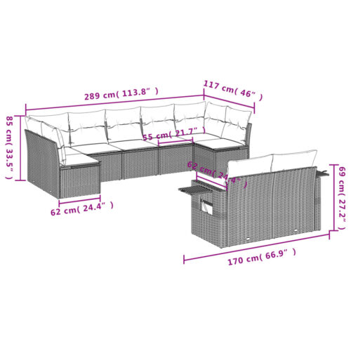9-Piece Garden Sofa Set with Cushions Beige Poly Rattan Wicker Outdoor Patio Furniture - Image 3