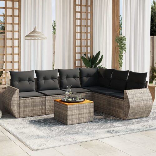 7-Piece Garden Sofa Set with Cushions Grey Poly Rattan Wicker Outdoor Patio Furniture - Image 2