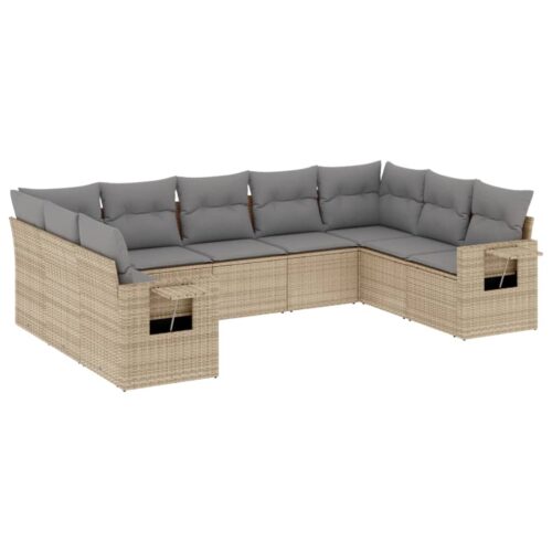9-Piece Garden Sofa Set with Cushions Beige Poly Rattan Wicker Outdoor Patio Furniture - Image 5