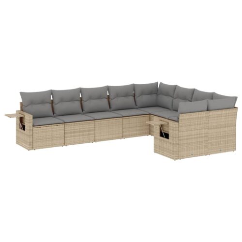 9-Piece Garden Sofa Set with Cushions Beige Poly Rattan Wicker Outdoor Patio Furniture