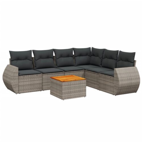 7-Piece Garden Sofa Set with Cushions Grey Poly Rattan Wicker Outdoor Patio Furniture - Image 14