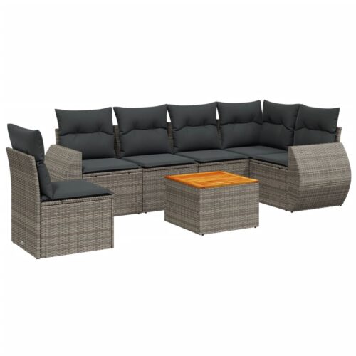 7-Piece Garden Sofa Set with Cushions Grey Poly Rattan Wicker Outdoor Patio Furniture