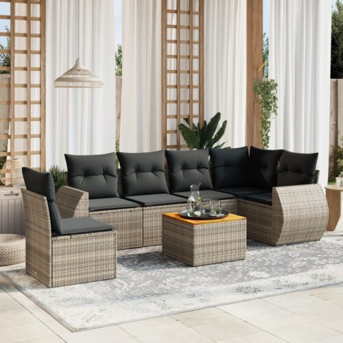 7-Piece Garden Sofa Set with Cushions Grey Poly Rattan Wicker Outdoor Patio Furniture - Image 2
