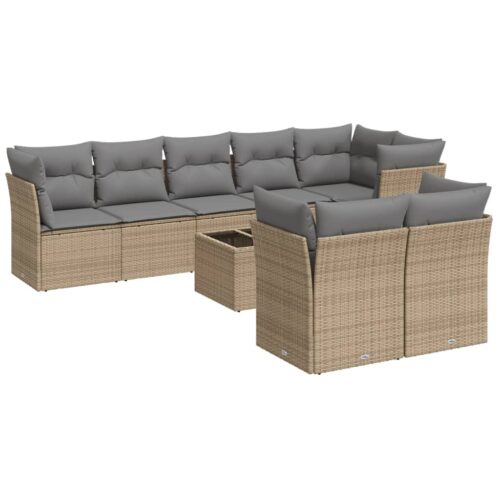 9-Piece Garden Sofa Set with Cushions Beige Poly Rattan Wicker Outdoor Patio Furniture
