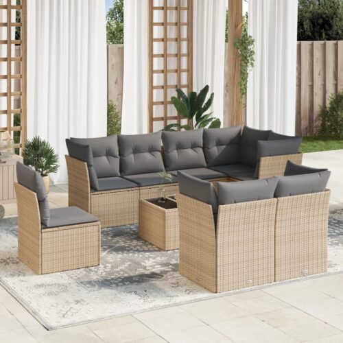 9-Piece Garden Sofa Set with Cushions Beige Poly Rattan Wicker Outdoor Patio Furniture - Image 2
