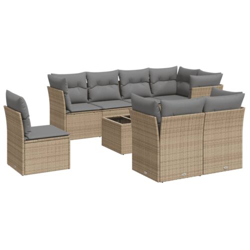 9-Piece Garden Sofa Set with Cushions Beige Poly Rattan Wicker Outdoor Patio Furniture - Image 5