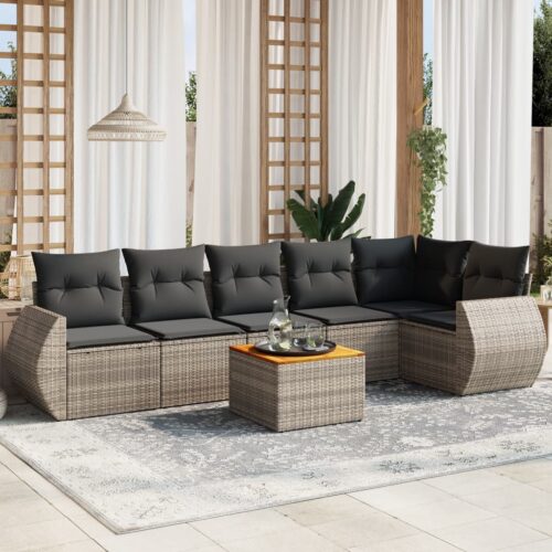 7-Piece Garden Sofa Set with Cushions Grey Poly Rattan Wicker Outdoor Patio Furniture - Image 2