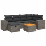 7-Piece Garden Sofa Set with Cushions Grey Poly Rattan Wicker Outdoor Patio Furniture