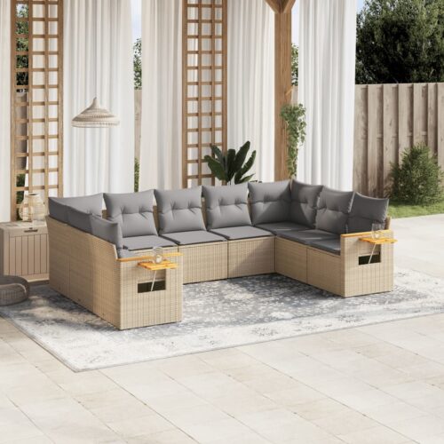 9-Piece Garden Sofa Set with Cushions Beige Poly Rattan Wicker Outdoor Patio Furniture - Image 2