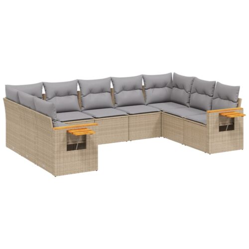 9-Piece Garden Sofa Set with Cushions Beige Poly Rattan Wicker Outdoor Patio Furniture - Image 5