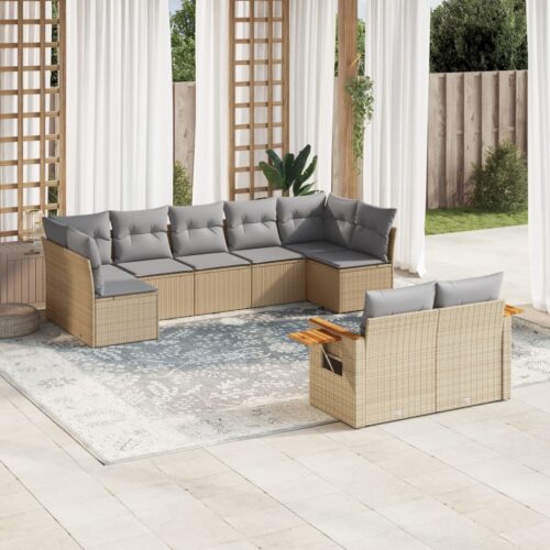 9-Piece Garden Sofa Set with Cushions Beige Poly Rattan Wicker Outdoor Patio Furniture - Image 2