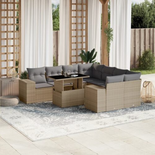 9-Piece Garden Sofa Set with Cushions Beige Poly Rattan Wicker Outdoor Patio Furniture - Image 2