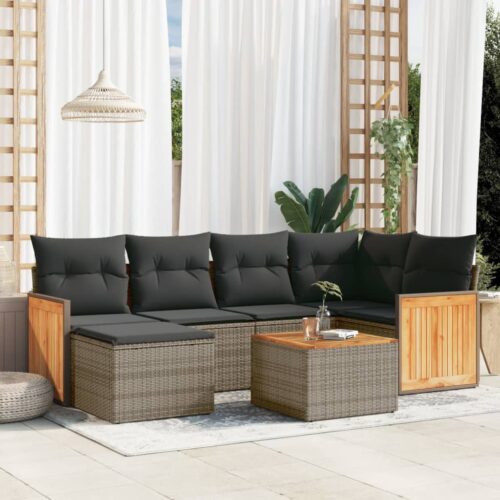 7-Piece Garden Sofa Set with Cushions Grey Poly Rattan Wicker Outdoor Patio Furniture - Image 2