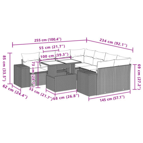 9-Piece Garden Sofa Set with Cushions Beige Poly Rattan Wicker Outdoor Patio Furniture - Image 10