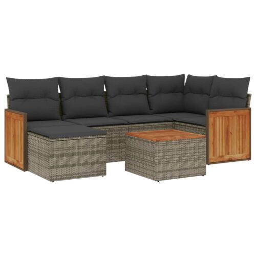 7-Piece Garden Sofa Set with Cushions Grey Poly Rattan Wicker Outdoor Patio Furniture - Image 5