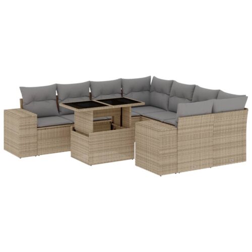 9-Piece Garden Sofa Set with Cushions Beige Poly Rattan Wicker Outdoor Patio Furniture - Image 13