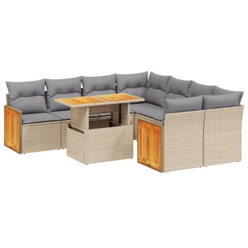 9-Piece Garden Sofa Set with Cushions Beige Poly Rattan Wicker Outdoor Patio Furniture