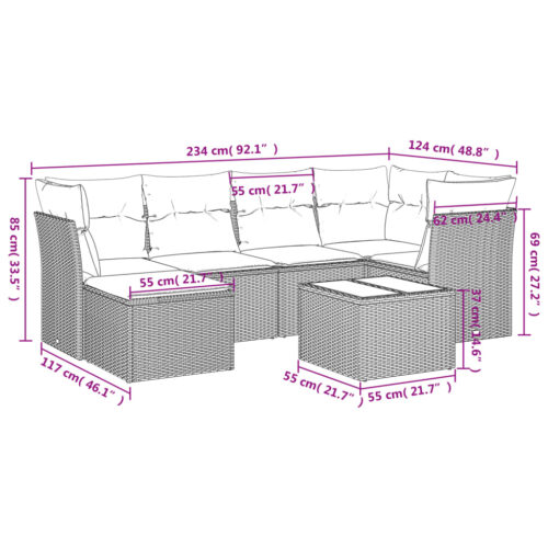 7-Piece Garden Sofa Set with Cushions Grey Poly Rattan Wicker Outdoor Patio Furniture - Image 3