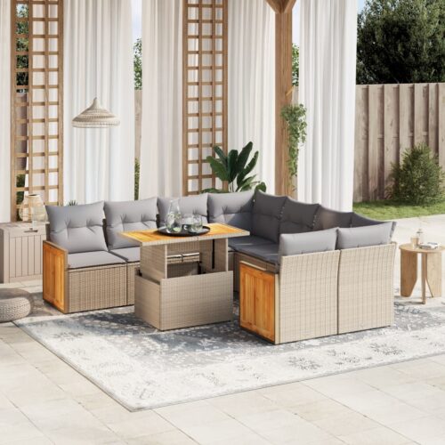 9-Piece Garden Sofa Set with Cushions Beige Poly Rattan Wicker Outdoor Patio Furniture - Image 2