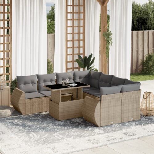 9-Piece Garden Sofa Set with Cushions Beige Poly Rattan Wicker Outdoor Patio Furniture - Image 2