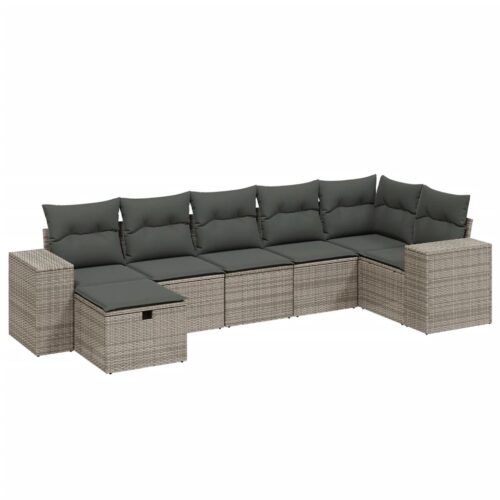 7-Piece Garden Sofa Set with Cushions Grey Poly Rattan Wicker Outdoor Patio Furniture