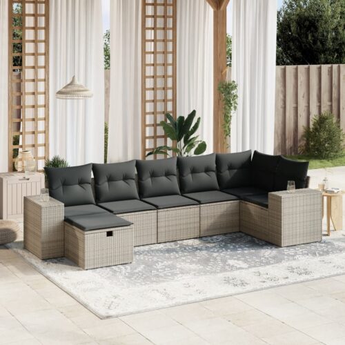 7-Piece Garden Sofa Set with Cushions Grey Poly Rattan Wicker Outdoor Patio Furniture - Image 2