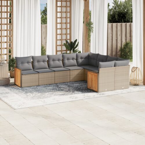 9-Piece Garden Sofa Set with Cushions Beige Poly Rattan Wicker Outdoor Patio Furniture - Image 2
