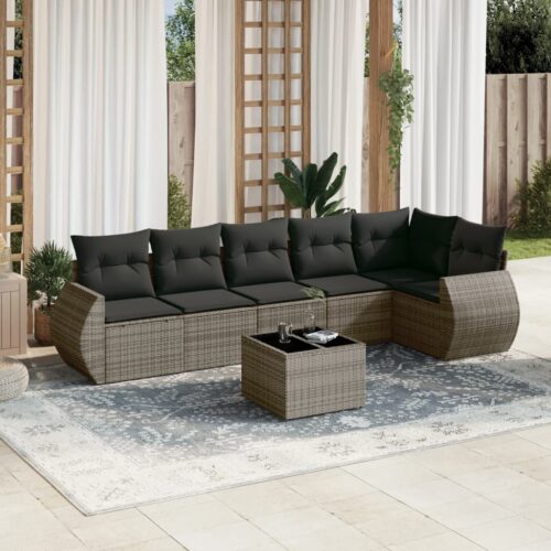 7-Piece Garden Sofa Set with Cushions Grey Poly Rattan Wicker Outdoor Patio Furniture - Image 2