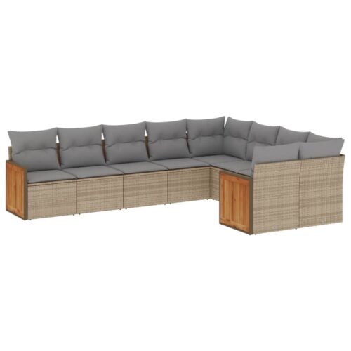 9-Piece Garden Sofa Set with Cushions Beige Poly Rattan Wicker Outdoor Patio Furniture - Image 5